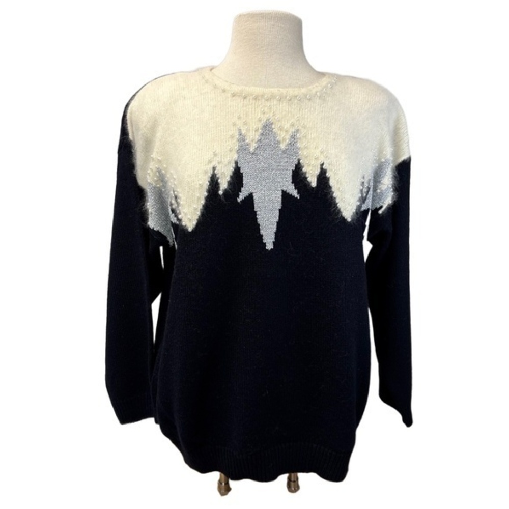 Vintage 80s Eve & Co Womens 18W Black White Beaded Sweater Shoulder Pads Glam